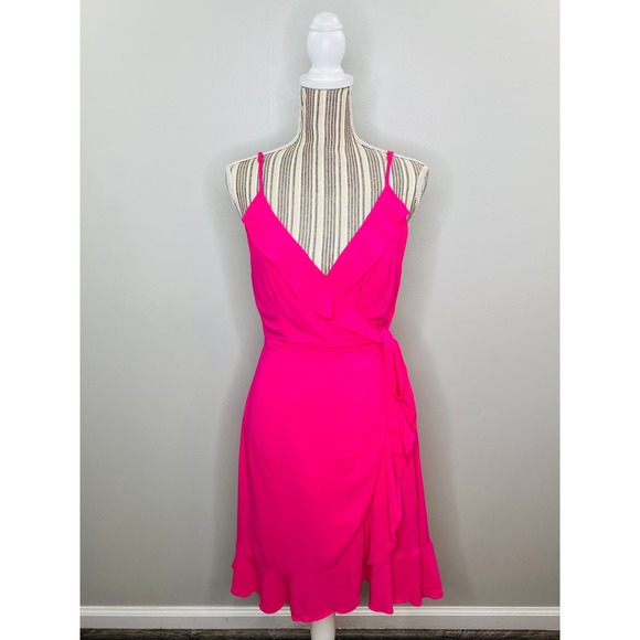 Cupcakes and Cashmere Vibrant Pink Ruffle Wrap Dress Women Small Barbiecore NWT - Picture 1 of 12